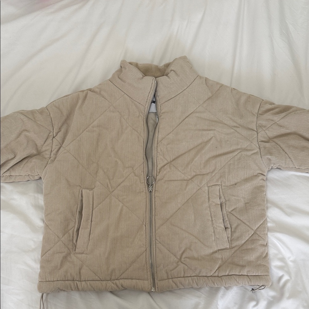 Beige Quilted Puffer Zip-Up Jacket
